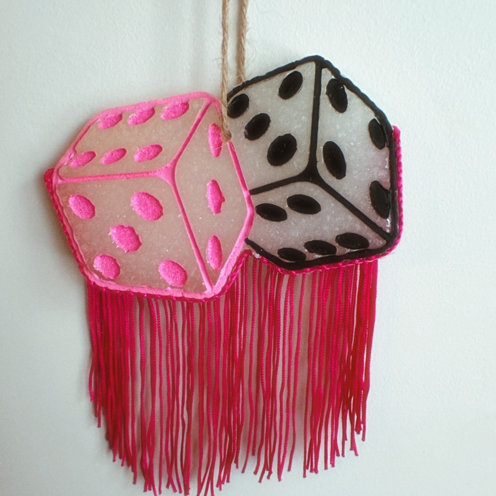 Large Car Freshie . Pink and White Dice with Fringe. Scent Dragon Berry